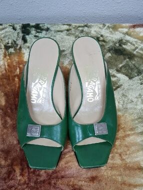 Salvatore Ferragamo Green Leather Open-Toe Mules with Silver Logo Accent